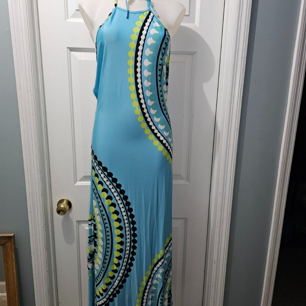 VENUS Aqua Halter Maxi Dress – Retro Circle Print, Soft Stretch, Resort-Ready